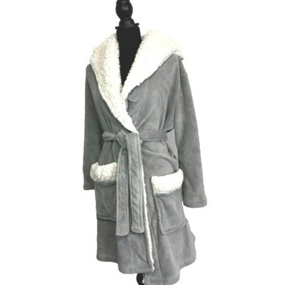 POTTERY BARN TEEN One Size Gray Plush Faux Fur Lined Sherpa Hooded Belted Robe
